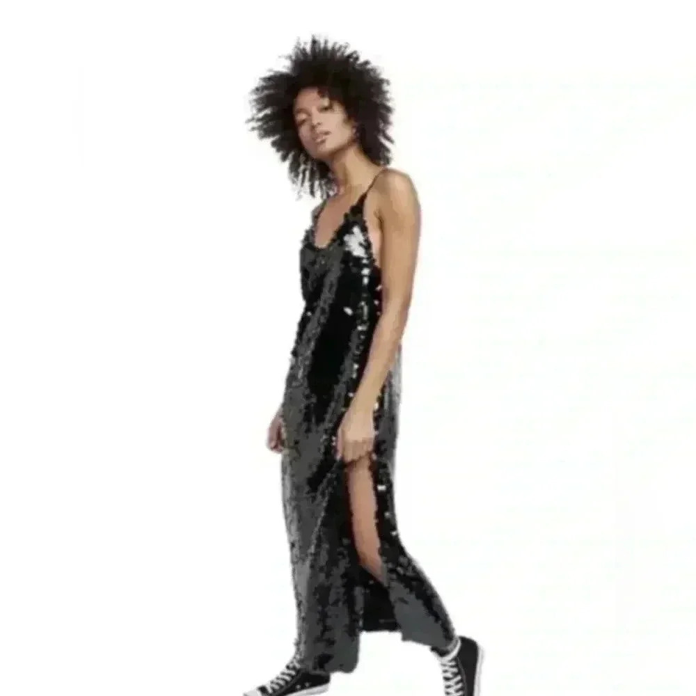 Free People Paillette Party Midi Slip‎ Dress Size Small Black Sequin Sleeveless